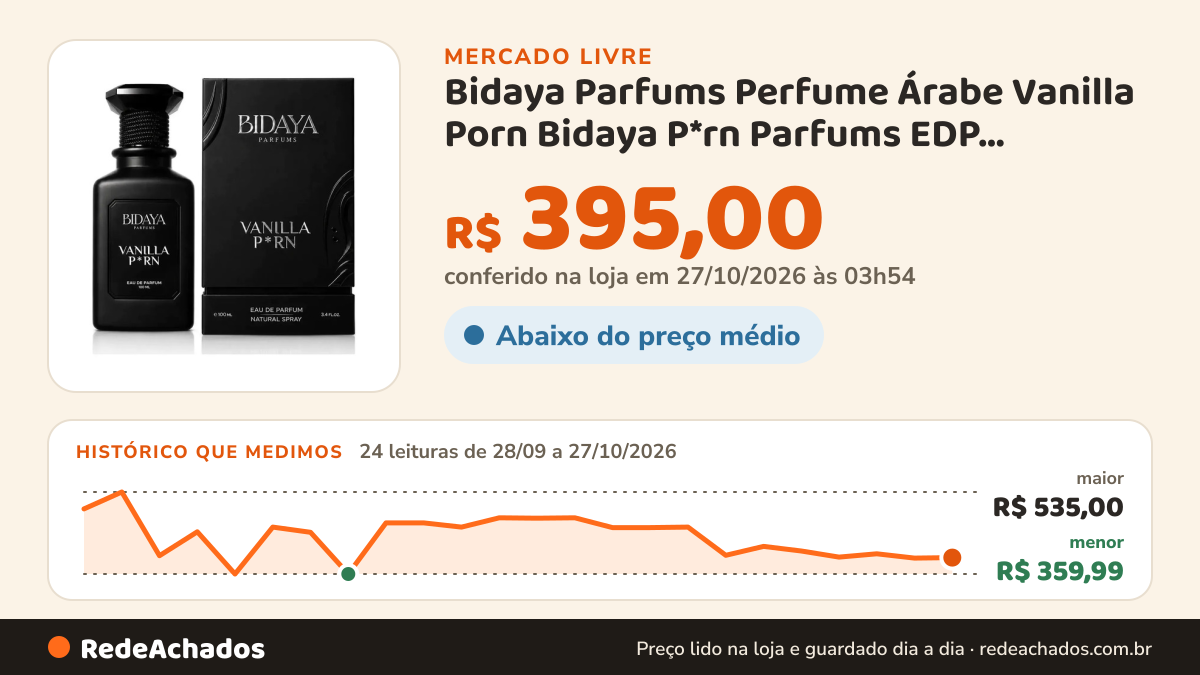 Histórico de preço de Bidaya Parfums Perfume Árabe Vanilla Porn Bidaya P*rn Parfums EDP Unissex Lançame no Mercado Livre: 23 leituras de 28/09/2026 a 26/10/2026, menor R$ 359,99, maior R$ 535,00; R$ 399,00 conferido em 26/10/2026 às 19h30