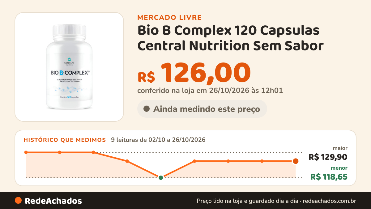Histórico de preço de Bio B Complex 120 Capsulas Central Nutrition Sem Sabor no Mercado Livre: 9 leituras de 02/10/2026 a 26/10/2026, menor R$ 118,65, maior R$ 129,90; R$ 126,00 conferido em 26/10/2026 às 12h01