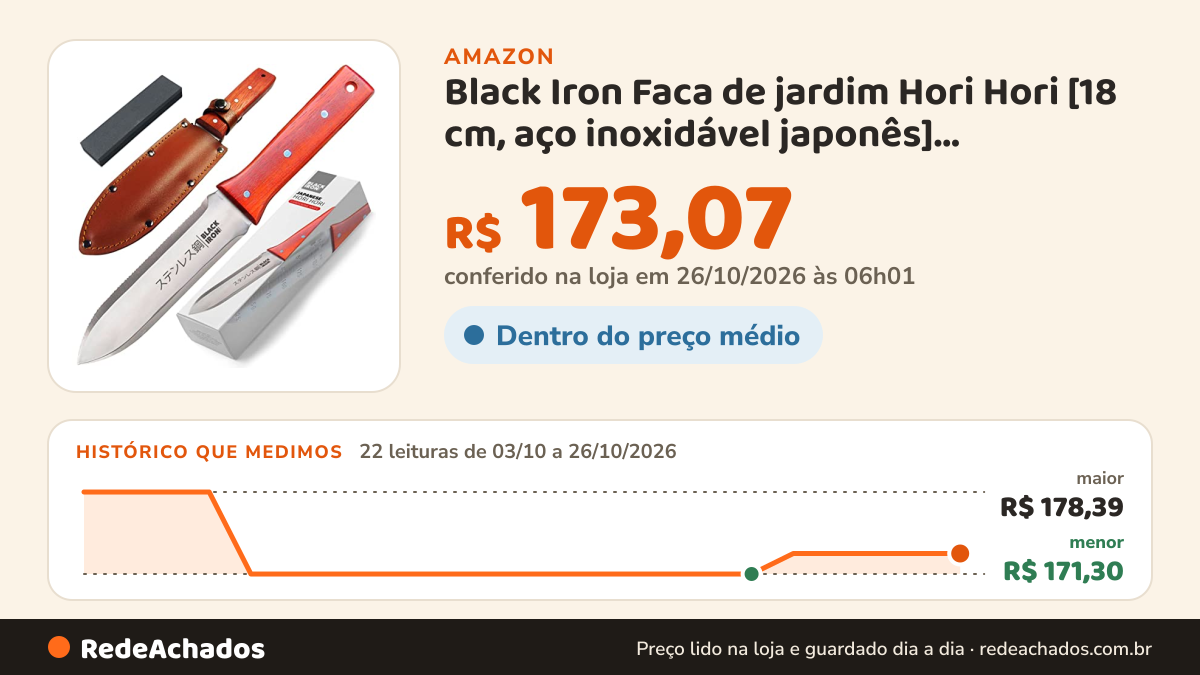 Histórico de preço de Black Iron Faca de jardim Hori Hori [18 cm, aço inoxidável japonês] Ferramenta de… na Amazon: 22 leituras de 03/10/2026 a 26/10/2026, menor R$ 171,30, maior R$ 178,39; R$ 173,07 conferido em 26/10/2026 às 06h01