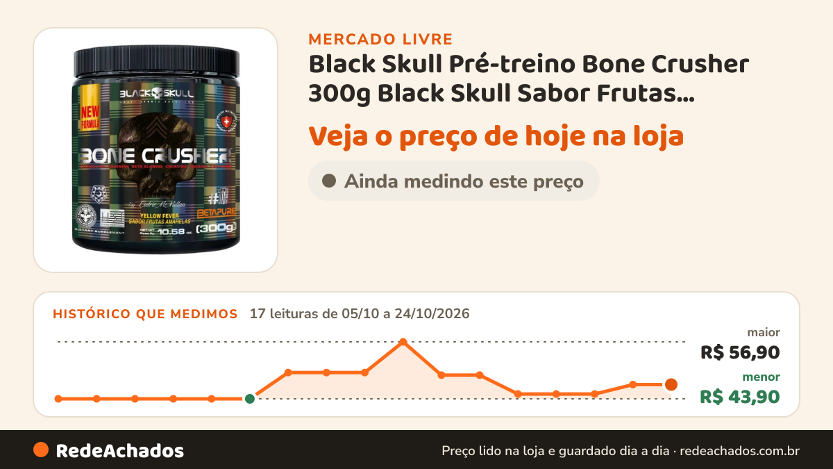 Histórico de preço de Black Skull Pré-treino Bone Crusher 300g Black Skull Sabor Frutas Amarelas no Mercado Livre: 17 leituras de 05/10/2026 a 24/10/2026, menor R$ 43,90, maior R$ 56,90