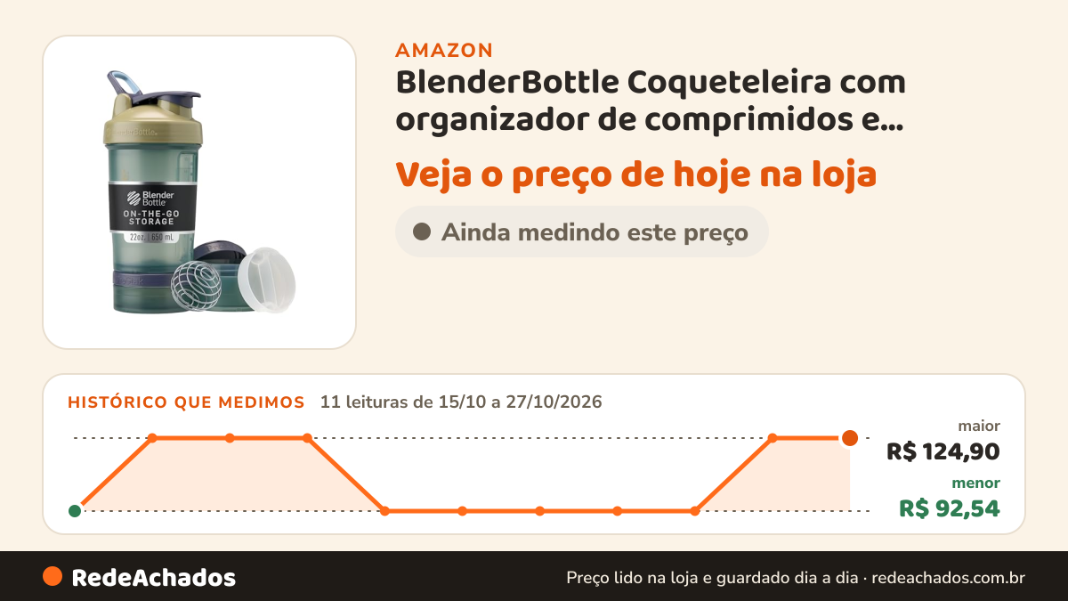 Histórico de preço de BlenderBottle Coqueteleira com organizador de comprimidos e armazenamento para proteína em… na Amazon: 10 leituras de 15/10/2026 a 26/10/2026, menor R$ 92,54, maior R$ 124,90; R$ 124,90 conferido em 26/10/2026 às 05h59