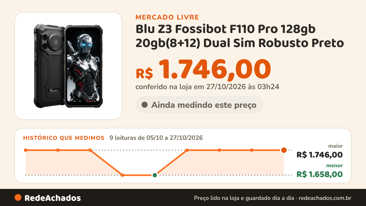 Histórico de preço de Blu Z3 Fossibot F110 Pro 128gb 20gb(8+12) Dual Sim Robusto Preto no Mercado Livre: 9 leituras de 05/10/2026 a 27/10/2026, menor R$ 1.658,00, maior R$ 1.746,00; R$ 1.746,00 conferido em 27/10/2026 às 03h24