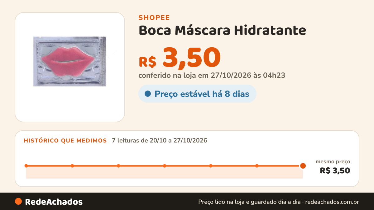 Histórico de preço de Boca Máscara Hidratante na Shopee: 7 leituras de 20/10/2026 a 27/10/2026, mesmo preço, R$ 3,50, em todas; R$ 3,50 conferido em 27/10/2026 às 04h23