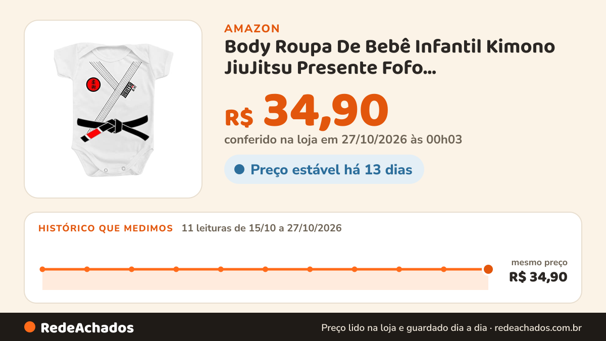 Histórico de preço de Body Roupa De Bebê Infantil Kimono JiuJitsu Presente Fofo Cor:Branco;Tamanho:M na Amazon: 11 leituras de 15/10/2026 a 27/10/2026, mesmo preço, R$ 34,90, em todas; R$ 34,90 conferido em 27/10/2026 às 00h03