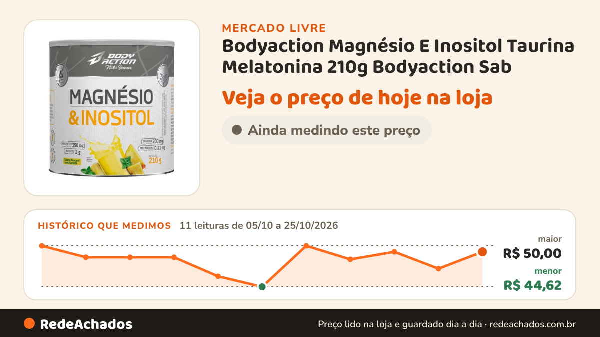 Histórico de preço de Bodyaction Magnésio E Inositol Taurina Melatonina 210g Bodyaction Sab no Mercado Livre: 11 leituras de 05/10/2026 a 25/10/2026, menor R$ 44,62, maior R$ 50,00
