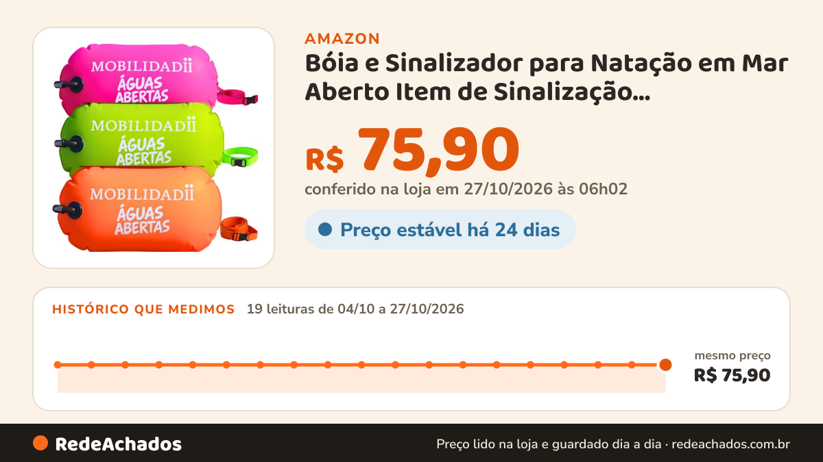 Histórico de preço de Bóia e Sinalizador para Natação em Mar Aberto Item de Sinalização, Dispositivo para Águas… na Amazon: 19 leituras de 04/10/2026 a 27/10/2026, mesmo preço, R$ 75,90, em todas; R$ 75,90 conferido em 27/10/2026 às 06h02