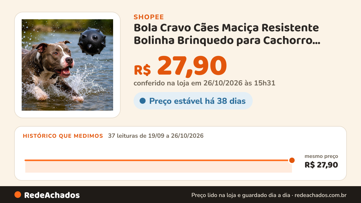 Histórico de preço de Bola Cravo Cães Maciça Resistente Bolinha Brinquedo para Cachorro Dura Mamona Hard 100mm… na Shopee: 37 leituras de 19/09/2026 a 26/10/2026, mesmo preço, R$ 27,90, em todas; R$ 27,90 conferido em 26/10/2026 às 15h31