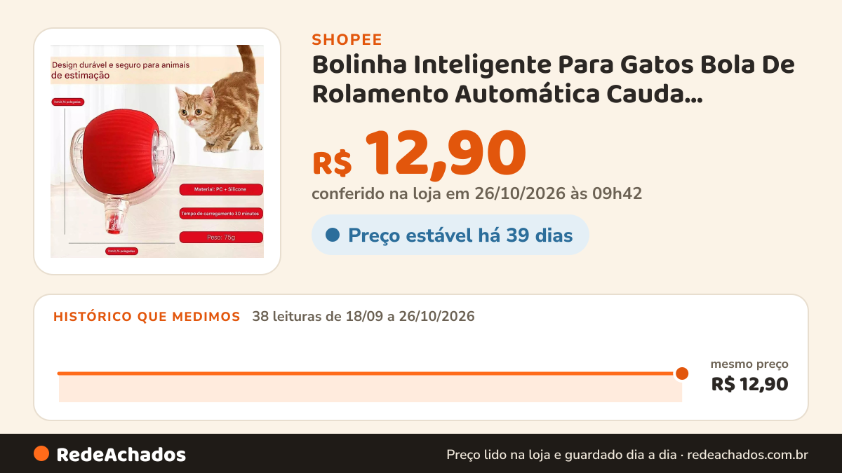 Histórico de preço de Bolinha Inteligente Para Gatos Bola De Rolamento Automática Cauda Recarregável Elétrico na Shopee: 38 leituras de 18/09/2026 a 26/10/2026, mesmo preço, R$ 12,90, em todas; R$ 12,90 conferido em 26/10/2026 às 09h42