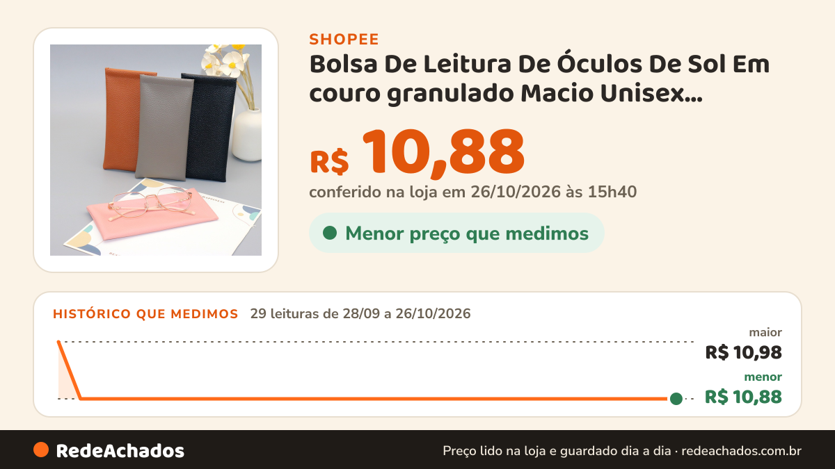 Histórico de preço de Bolsa De Leitura De Óculos De Sol Em couro granulado Macio Unisex Eyewear Storage Bags… na Shopee: 28 leituras de 28/09/2026 a 25/10/2026, menor R$ 10,88, maior R$ 10,98; R$ 10,88 conferido em 25/10/2026 às 10h24