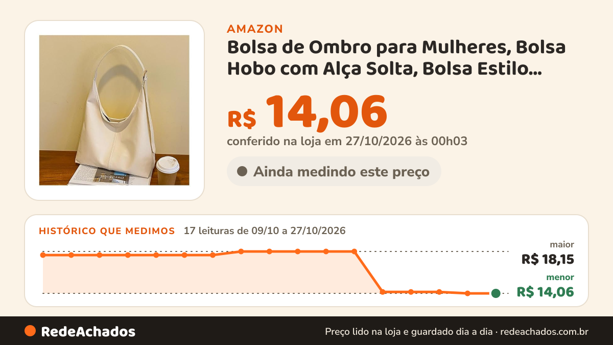 Histórico de preço de Bolsa de Ombro para Mulheres, Bolsa Hobo com Alça Solta, Bolsa Estilo Sacola com Grande… na Amazon: 17 leituras de 09/10/2026 a 27/10/2026, menor R$ 14,06, maior R$ 18,15; R$ 14,06 conferido em 27/10/2026 às 00h03