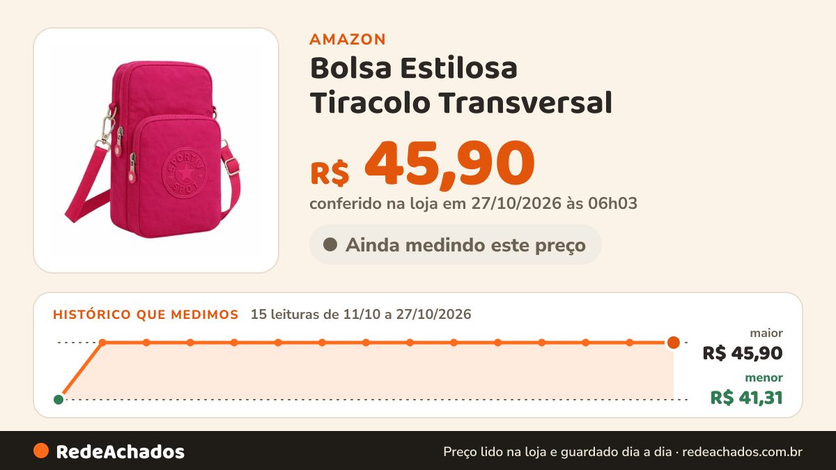 Histórico de preço de Bolsa Estilosa Tiracolo Transversal – Bolsa para Celular a Prova D'água,Compacta… na Amazon: 15 leituras de 11/10/2026 a 27/10/2026, menor R$ 41,31, maior R$ 45,90; R$ 45,90 conferido em 27/10/2026 às 06h03