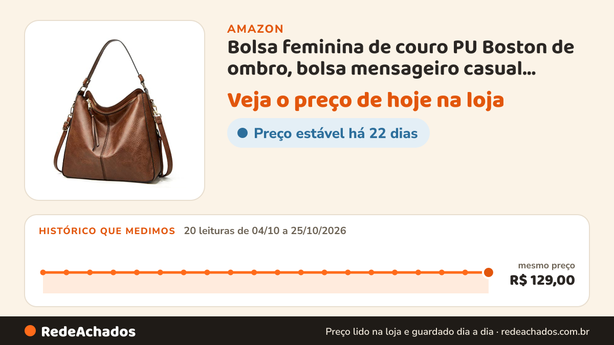 Histórico de preço de Bolsa feminina de couro PU Boston de ombro, bolsa mensageiro casual fashion (Marrom… na Amazon: 20 leituras de 04/10/2026 a 25/10/2026, mesmo preço, R$ 129,00, em todas