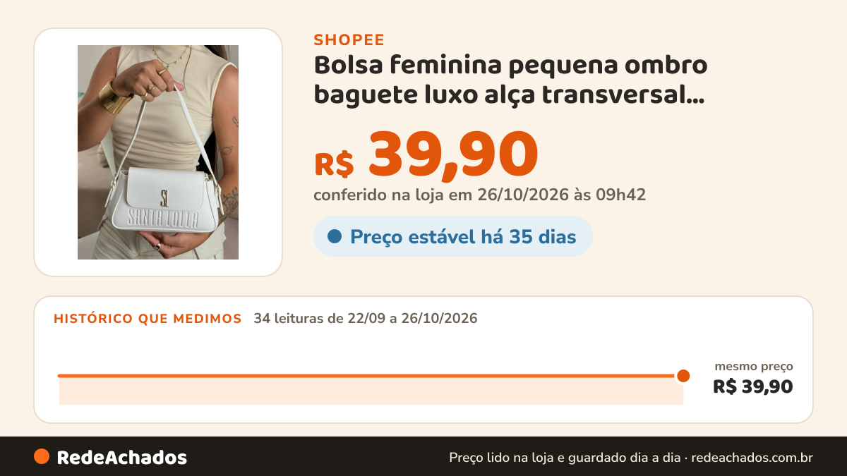 Histórico de preço de Bolsa feminina pequena ombro baguete luxo alça transversal removivel lançamento na Shopee: 34 leituras de 22/09/2026 a 26/10/2026, mesmo preço, R$ 39,90, em todas; R$ 39,90 conferido em 26/10/2026 às 09h42