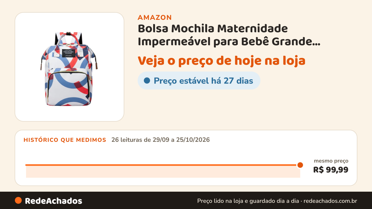 Histórico de preço de Bolsa Mochila Maternidade Impermeável para Bebê Grande Capacidade e Design Prático para… na Amazon: 26 leituras de 29/09/2026 a 25/10/2026, mesmo preço, R$ 99,99, em todas