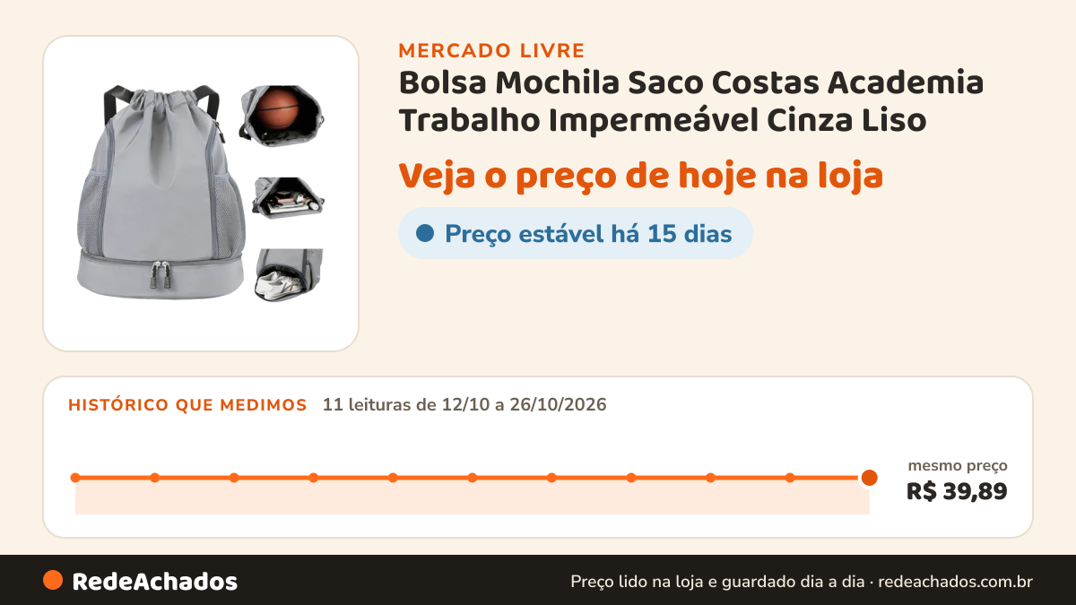 Histórico de preço de Bolsa Mochila Saco Costas Academia Trabalho Impermeável Cinza Liso no Mercado Livre: 11 leituras de 12/10/2026 a 26/10/2026, mesmo preço, R$ 39,89, em todas