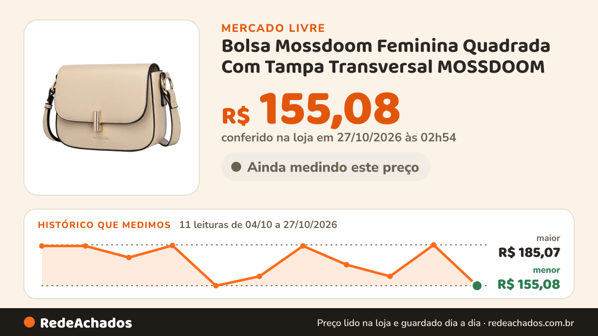 Histórico de preço de Bolsa Mossdoom Feminina Quadrada Com Tampa Transversal MOSSDOOM no Mercado Livre: 11 leituras de 04/10/2026 a 27/10/2026, menor R$ 155,08, maior R$ 185,07; R$ 155,08 conferido em 27/10/2026 às 02h54