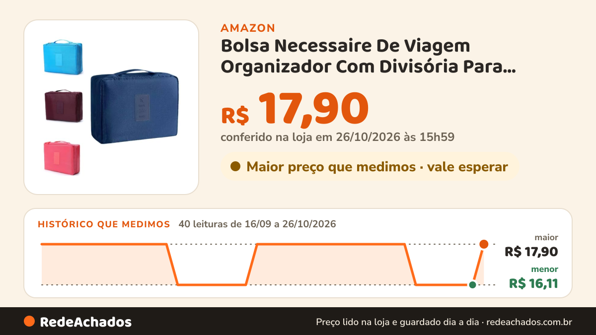 Histórico de preço de Bolsa Necessaire De Viagem Organizador Com Divisória Para Maquiagem na Amazon: 40 leituras de 16/09/2026 a 26/10/2026, menor R$ 16,11, maior R$ 17,90; R$ 17,90 conferido em 26/10/2026 às 15h59