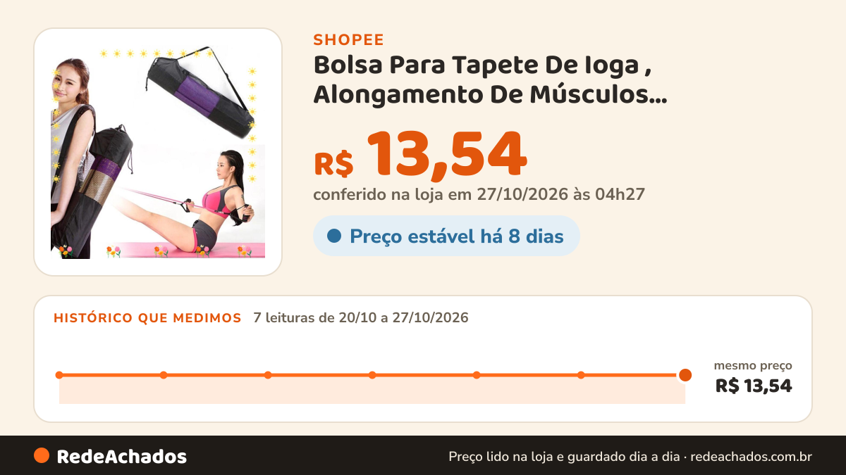 Histórico de preço de Bolsa Para Tapete De Ioga , Alongamento De Músculos Abdominais Pacote De Respirável , De… na Shopee: 7 leituras de 20/10/2026 a 27/10/2026, mesmo preço, R$ 13,54, em todas; R$ 13,54 conferido em 27/10/2026 às 04h27