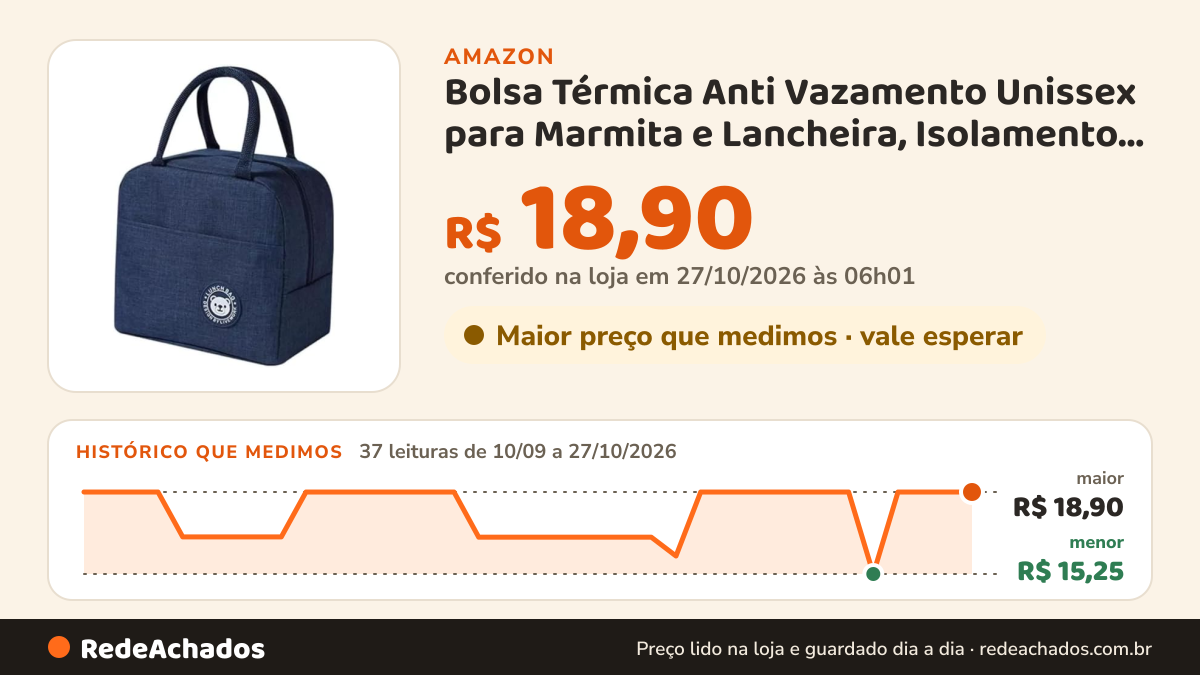 Histórico de preço de Bolsa Térmica Anti Vazamento Unissex para Marmita e Lancheira, Isolamento Térmico… na Amazon: 37 leituras de 10/09/2026 a 27/10/2026, menor R$ 15,25, maior R$ 18,90; R$ 18,90 conferido em 27/10/2026 às 06h01