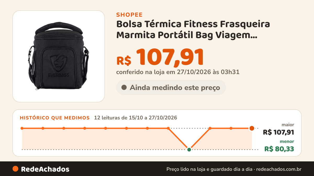 Histórico de preço de Bolsa Térmica Fitness Frasqueira Marmita Portátil Bag Viagem Lancheira Academia Garrafa… na Shopee: 12 leituras de 15/10/2026 a 27/10/2026, menor R$ 80,33, maior R$ 107,91; R$ 107,91 conferido em 27/10/2026 às 03h31