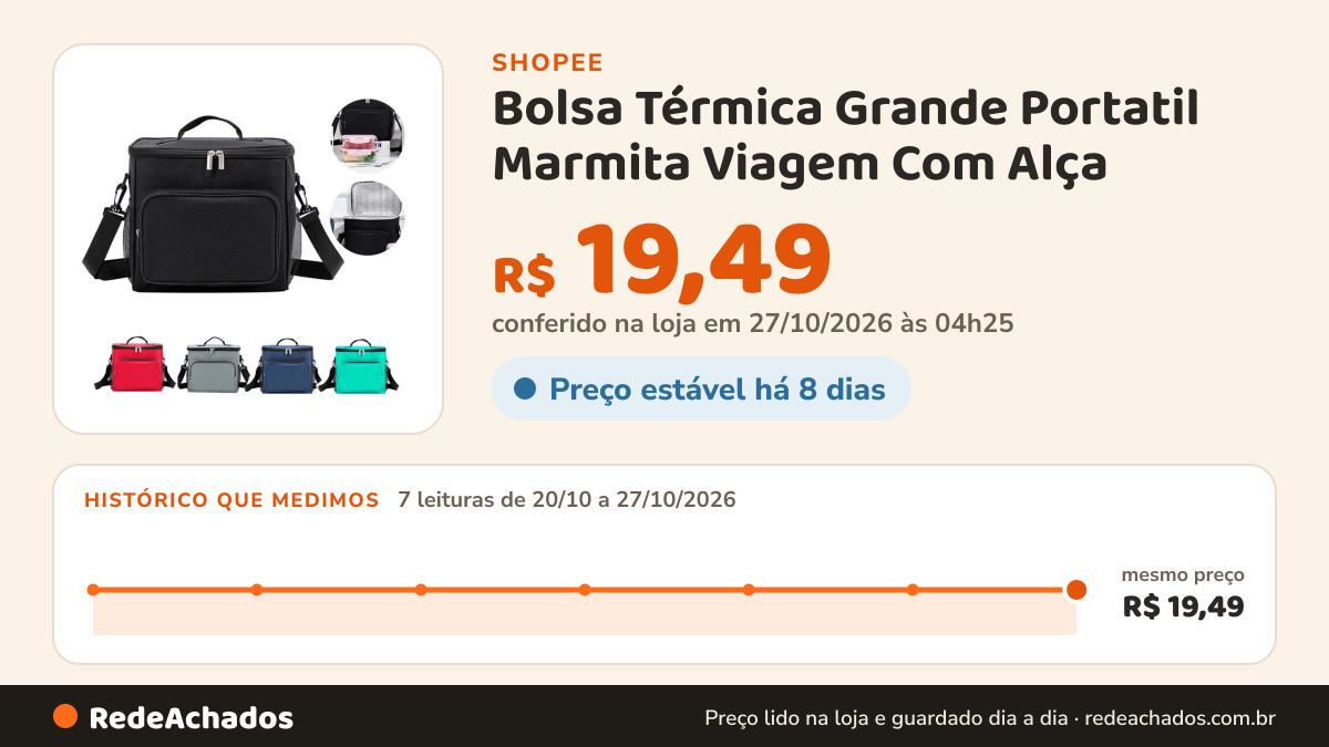 Histórico de preço de Bolsa Térmica Grande Portatil Marmita Viagem Com Alça na Shopee: 7 leituras de 20/10/2026 a 27/10/2026, mesmo preço, R$ 19,49, em todas; R$ 19,49 conferido em 27/10/2026 às 04h25