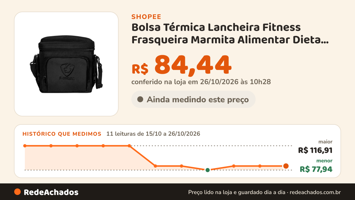 Histórico de preço de Bolsa Térmica Lancheira Fitness Frasqueira Marmita Alimentar Dieta Academia Reforçada… na Shopee: 10 leituras de 15/10/2026 a 25/10/2026, menor R$ 77,94, maior R$ 116,91; R$ 84,44 conferido em 25/10/2026 às 09h13