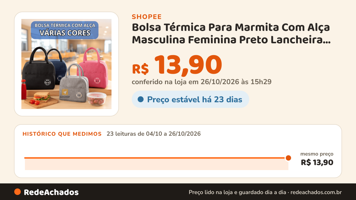 Histórico de preço de Bolsa Térmica Para Marmita Com Alça Masculina Feminina Preto Lancheira Viagem na Shopee: 23 leituras de 04/10/2026 a 26/10/2026, mesmo preço, R$ 13,90, em todas; R$ 13,90 conferido em 26/10/2026 às 15h29