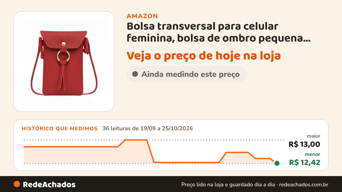 Histórico de preço de Bolsa transversal para celular feminina, bolsa de ombro pequena, mini carteira de celular… na Amazon: 36 leituras de 19/09/2026 a 25/10/2026, menor R$ 12,42, maior R$ 13,00