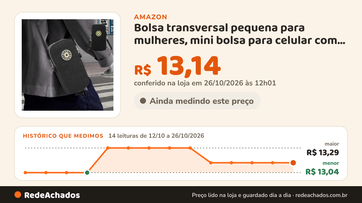 Histórico de preço de Bolsa transversal pequena para mulheres, mini bolsa para celular com alça de ombro, bolsa… na Amazon: 13 leituras de 12/10/2026 a 25/10/2026, menor R$ 13,04, maior R$ 13,29; R$ 13,14 conferido em 25/10/2026 às 05h58