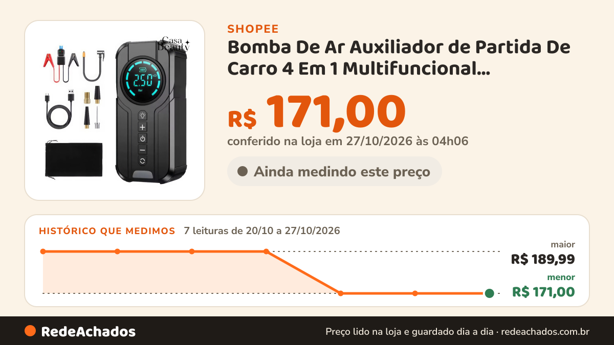 Histórico de preço de Bomba De Ar Auxiliador de Partida De Carro 4 Em 1 Multifuncional Compressor Power Bank… na Shopee: 7 leituras de 20/10/2026 a 27/10/2026, menor R$ 171,00, maior R$ 189,99; R$ 171,00 conferido em 27/10/2026 às 04h06