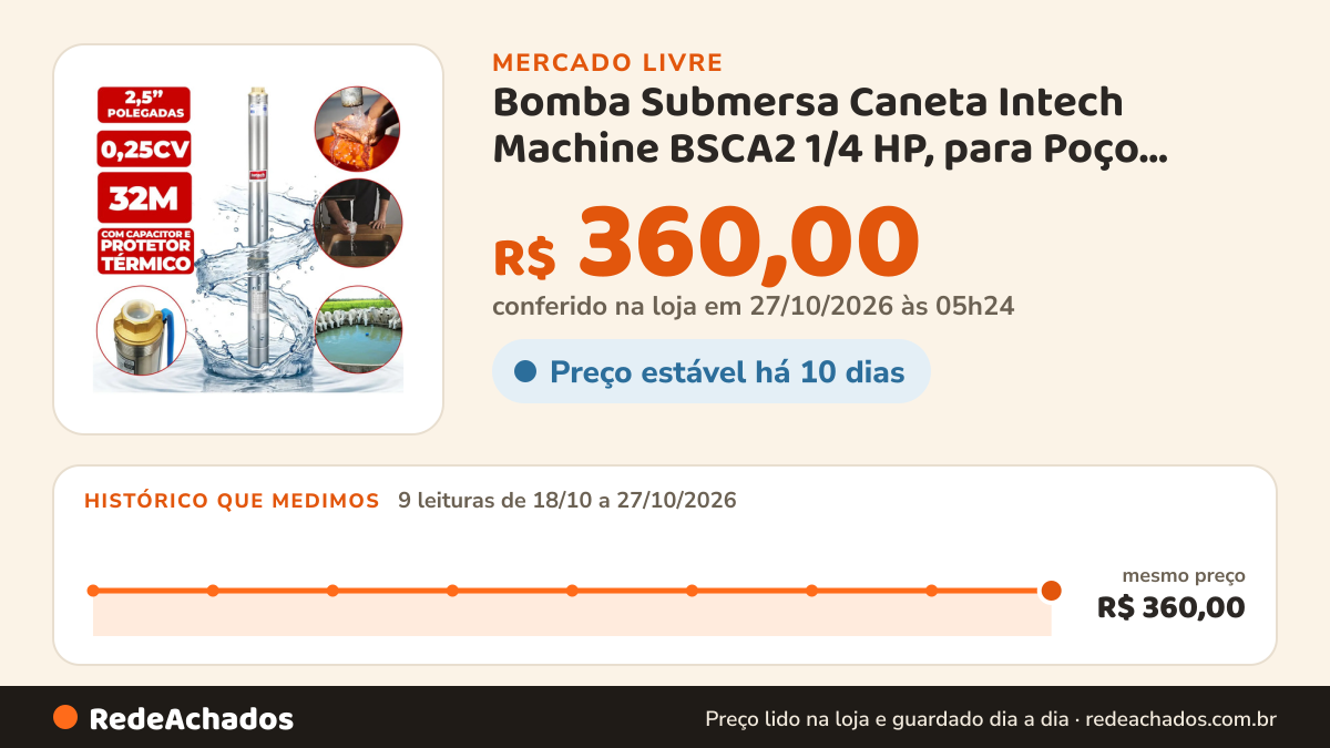 Histórico de preço de Bomba Submersa Caneta Intech Machine BSCA2 1/4 HP, para Poço Artesiano e Cistern no Mercado Livre: 9 leituras de 18/10/2026 a 27/10/2026, mesmo preço, R$ 360,00, em todas; R$ 360,00 conferido em 27/10/2026 às 05h24