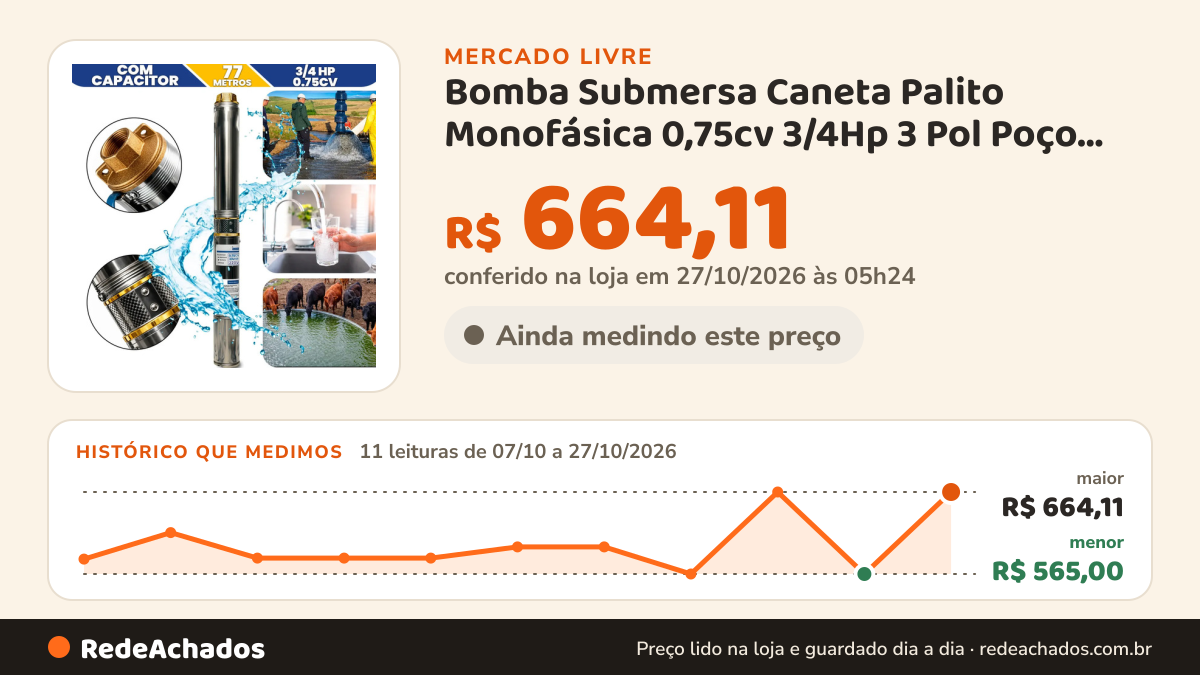 Histórico de preço de Bomba Submersa Caneta Palito Monofásica 0,75cv 3/4Hp 3 Pol Poço Artesiano ( Cano 100mm)… no Mercado Livre: 11 leituras de 07/10/2026 a 27/10/2026, menor R$ 565,00, maior R$ 664,11; R$ 664,11 conferido em 27/10/2026 às 05h24