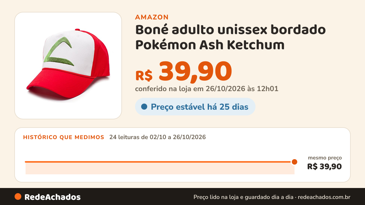 Histórico de preço de Boné adulto unissex bordado Pokémon Ash Ketchum - tamanho único vermelho/branco, Branco… na Amazon: 23 leituras de 02/10/2026 a 25/10/2026, mesmo preço, R$ 39,90, em todas; R$ 39,90 conferido em 25/10/2026 às 05h58