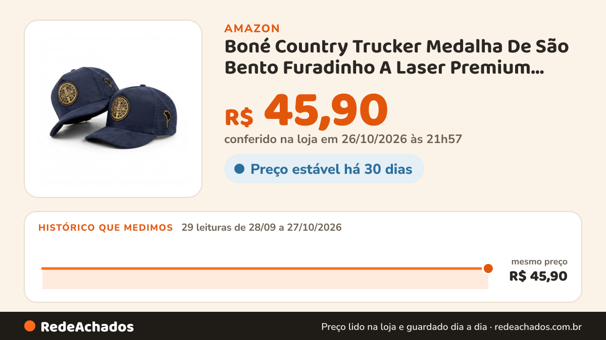 Histórico de preço de Boné Country Trucker Medalha De São Bento Furadinho A Laser Premium Aba Curva Em Camurça… na Amazon: 29 leituras de 28/09/2026 a 27/10/2026, mesmo preço, R$ 45,90, em todas; R$ 45,90 conferido em 26/10/2026 às 21h57