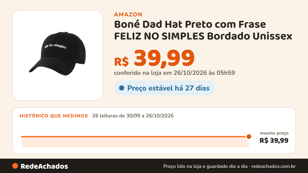Histórico de preço de Boné Dad Hat Preto com Frase FELIZ NO SIMPLES Bordado Unissex na Amazon: 26 leituras de 30/09/2026 a 26/10/2026, mesmo preço, R$ 39,99, em todas; R$ 39,99 conferido em 26/10/2026 às 05h59