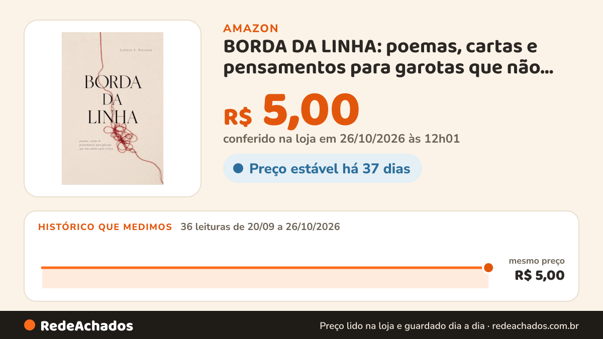 Histórico de preço de BORDA DA LINHA: poemas, cartas e pensamentos para garotas que não sabem calar a boca na Amazon: 35 leituras de 20/09/2026 a 25/10/2026, mesmo preço, R$ 5,00, em todas; R$ 5,00 conferido em 25/10/2026 às 05h58