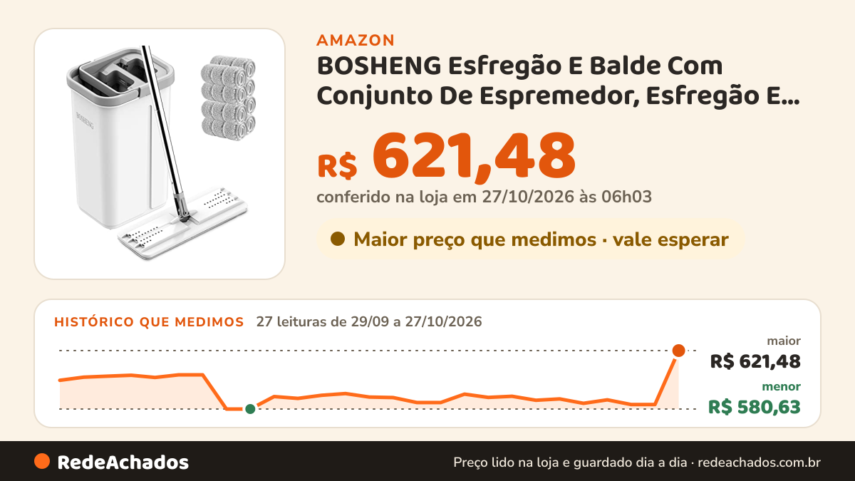 Histórico de preço de BOSHENG Esfregão E Balde Com Conjunto De Espremedor, Esfregão E Balde De Piso Plano Com As… na Amazon: 27 leituras de 29/09/2026 a 27/10/2026, menor R$ 580,63, maior R$ 621,48; R$ 621,48 conferido em 27/10/2026 às 06h03