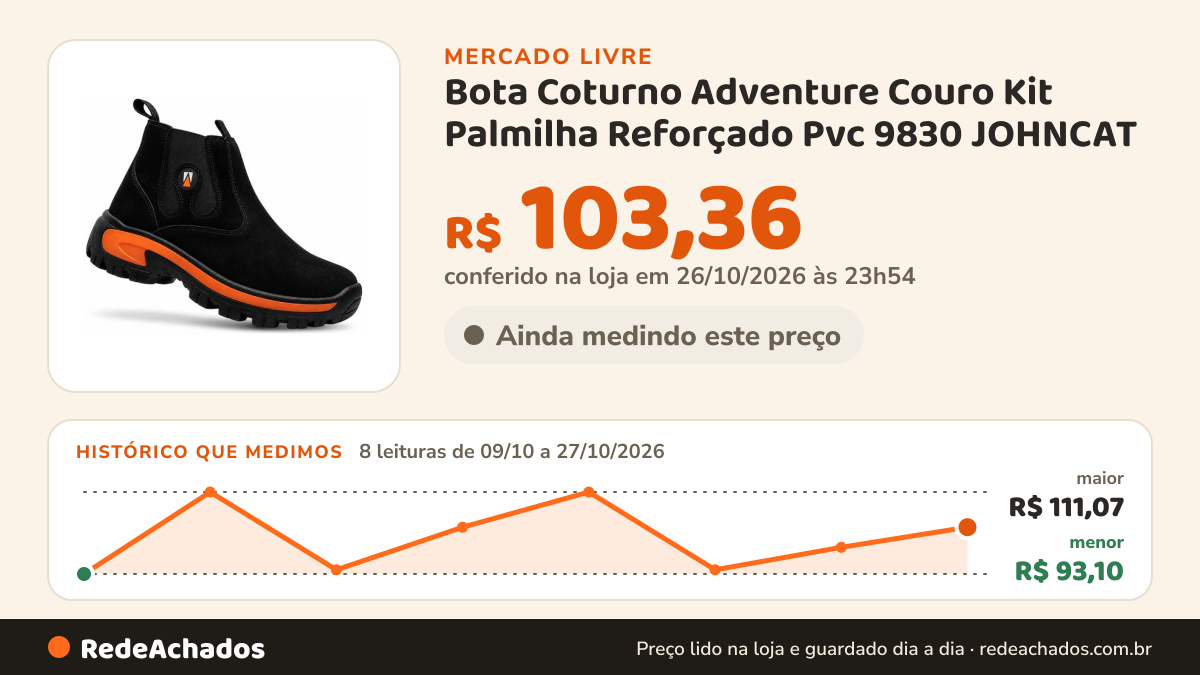 Histórico de preço de Bota Coturno Adventure Couro Kit Palmilha Reforçado Pvc 9830 JOHNCAT no Mercado Livre: 8 leituras de 09/10/2026 a 27/10/2026, menor R$ 93,10, maior R$ 111,07; R$ 103,36 conferido em 26/10/2026 às 23h54