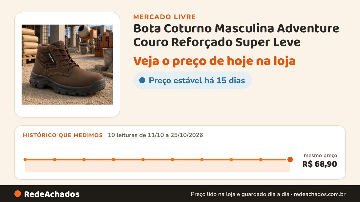 Histórico de preço de Bota Coturno Masculina Adventure Couro Reforçado Super Leve no Mercado Livre: 10 leituras de 11/10/2026 a 25/10/2026, mesmo preço, R$ 68,90, em todas
