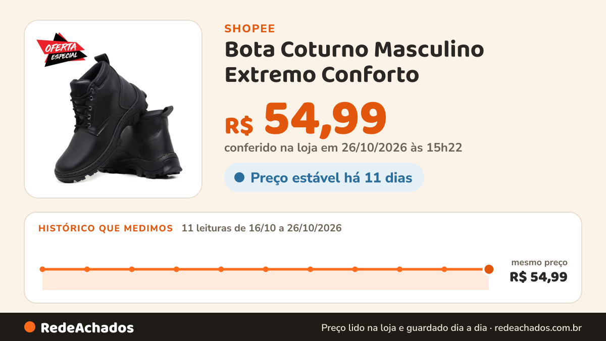 Histórico de preço de Bota Coturno Masculino Extremo Conforto na Shopee: 11 leituras de 16/10/2026 a 26/10/2026, mesmo preço, R$ 54,99, em todas; R$ 54,99 conferido em 26/10/2026 às 15h22