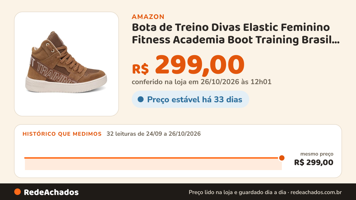 Histórico de preço de Bota de Treino Divas Elastic Feminino Fitness Academia Boot Training Brasil Gym Musculação… na Amazon: 32 leituras de 24/09/2026 a 26/10/2026, mesmo preço, R$ 299,00, em todas; R$ 299,00 conferido em 26/10/2026 às 12h01