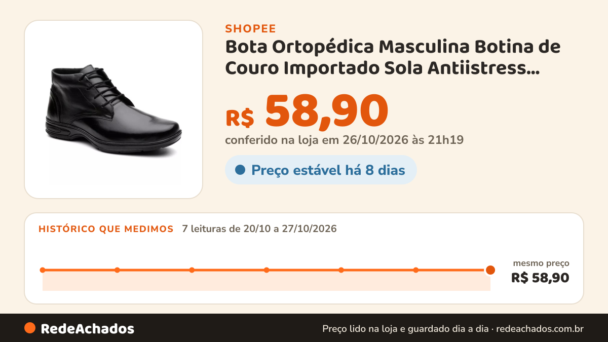 Histórico de preço de Bota Ortopédica Masculina Botina de Couro Importado Sola Antiistress Muito Barato na Shopee: 7 leituras de 20/10/2026 a 27/10/2026, mesmo preço, R$ 58,90, em todas; R$ 58,90 conferido em 26/10/2026 às 21h19