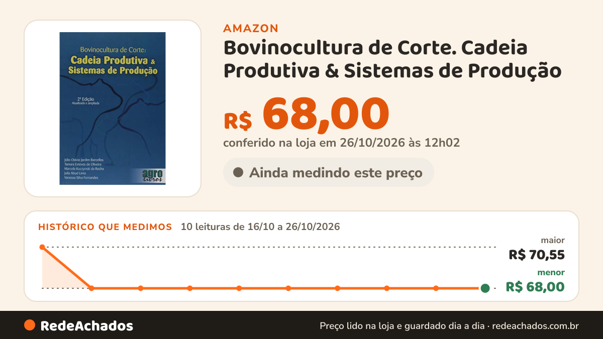 Histórico de preço de Bovinocultura de Corte. Cadeia Produtiva & Sistemas de Produção na Amazon: 10 leituras de 16/10/2026 a 26/10/2026, menor R$ 68,00, maior R$ 70,55; R$ 68,00 conferido em 26/10/2026 às 12h02