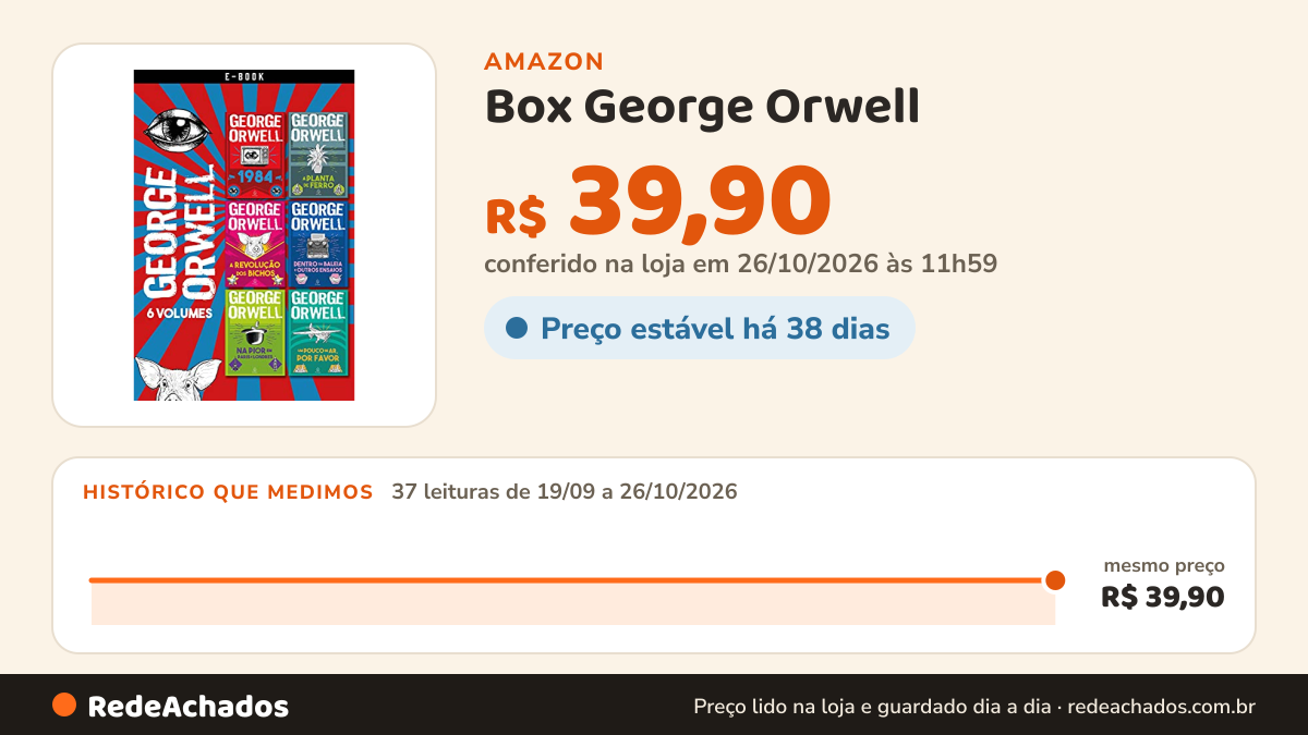Histórico de preço de Box George Orwell (Clássicos da literatura mundial) na Amazon: 37 leituras de 19/09/2026 a 26/10/2026, mesmo preço, R$ 39,90, em todas; R$ 39,90 conferido em 26/10/2026 às 11h59
