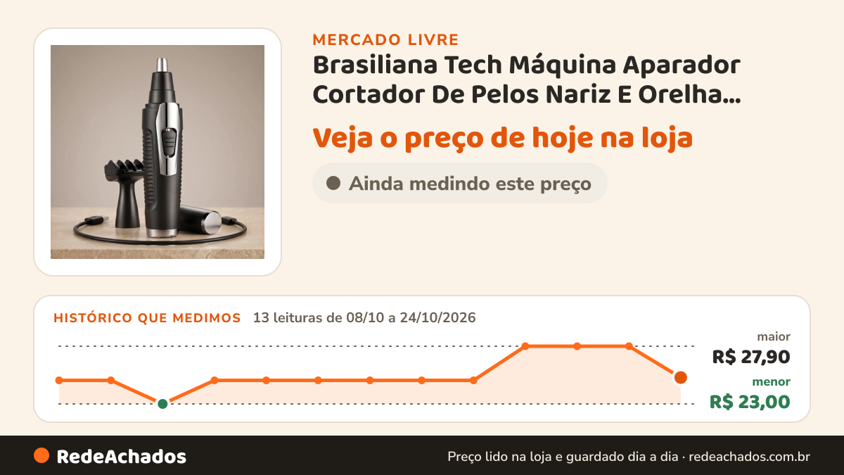 Histórico de preço de Brasiliana Tech Máquina Aparador Cortador De Pelos Nariz E Orelha Facial Sobrance no Mercado Livre: 13 leituras de 08/10/2026 a 24/10/2026, menor R$ 23,00, maior R$ 27,90