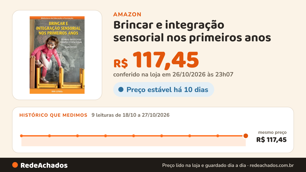 Histórico de preço de Brincar e integração sensorial nos primeiros anos na Amazon: 9 leituras de 18/10/2026 a 27/10/2026, mesmo preço, R$ 117,45, em todas; R$ 117,45 conferido em 26/10/2026 às 23h07