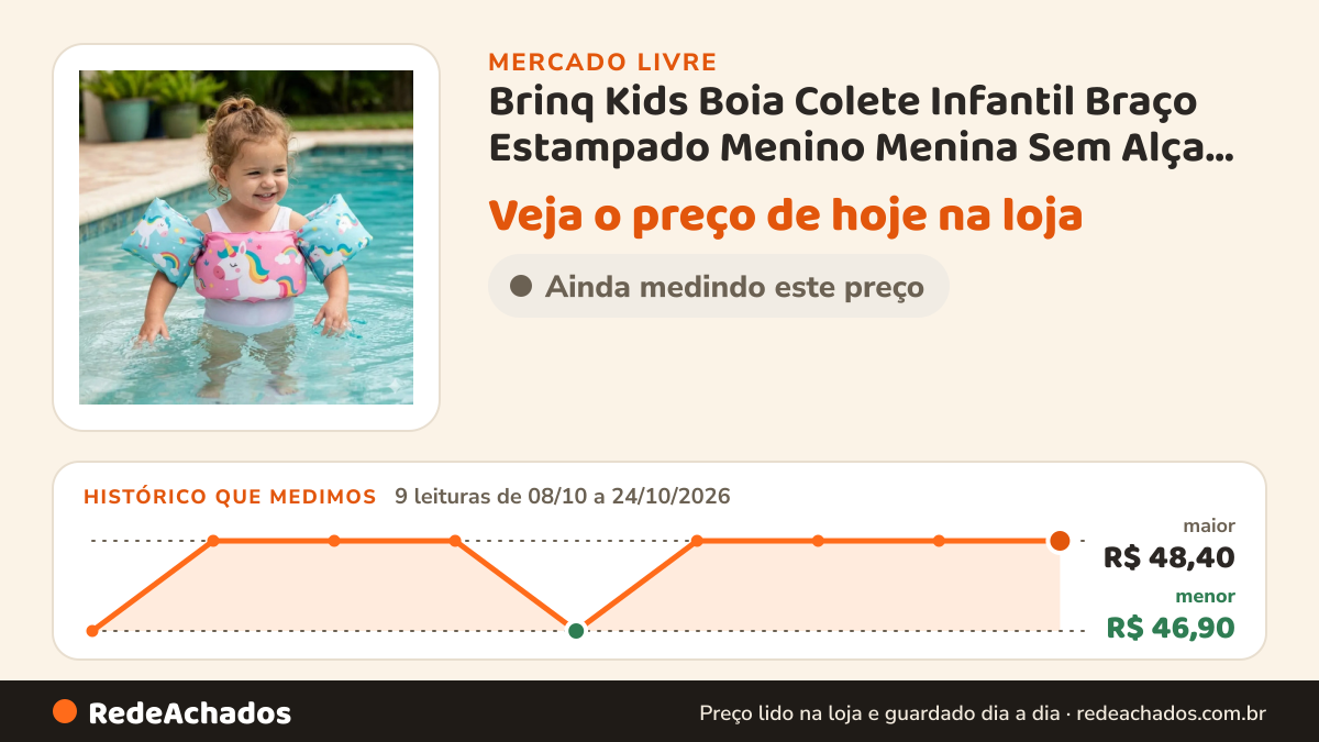 Histórico de preço de Brinq Kids Boia Colete Infantil Braço Estampado Menino Menina Sem Alça Rosa - Uni no Mercado Livre: 9 leituras de 08/10/2026 a 24/10/2026, menor R$ 46,90, maior R$ 48,40