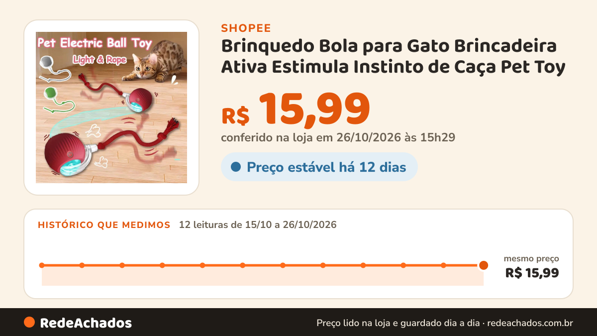 Histórico de preço de Brinquedo Bola para Gato Brincadeira Ativa Estimula Instinto de Caça Pet Toy na Shopee: 12 leituras de 15/10/2026 a 26/10/2026, mesmo preço, R$ 15,99, em todas; R$ 15,99 conferido em 26/10/2026 às 15h29