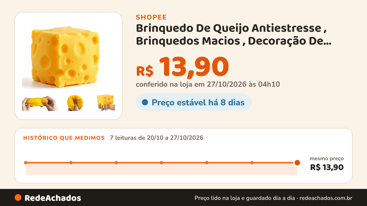 Histórico de preço de Brinquedo De Queijo Antiestresse , Brinquedos Macios , Decoração De Mesa Com Tema Super… na Shopee: 7 leituras de 20/10/2026 a 27/10/2026, mesmo preço, R$ 13,90, em todas; R$ 13,90 conferido em 27/10/2026 às 04h10