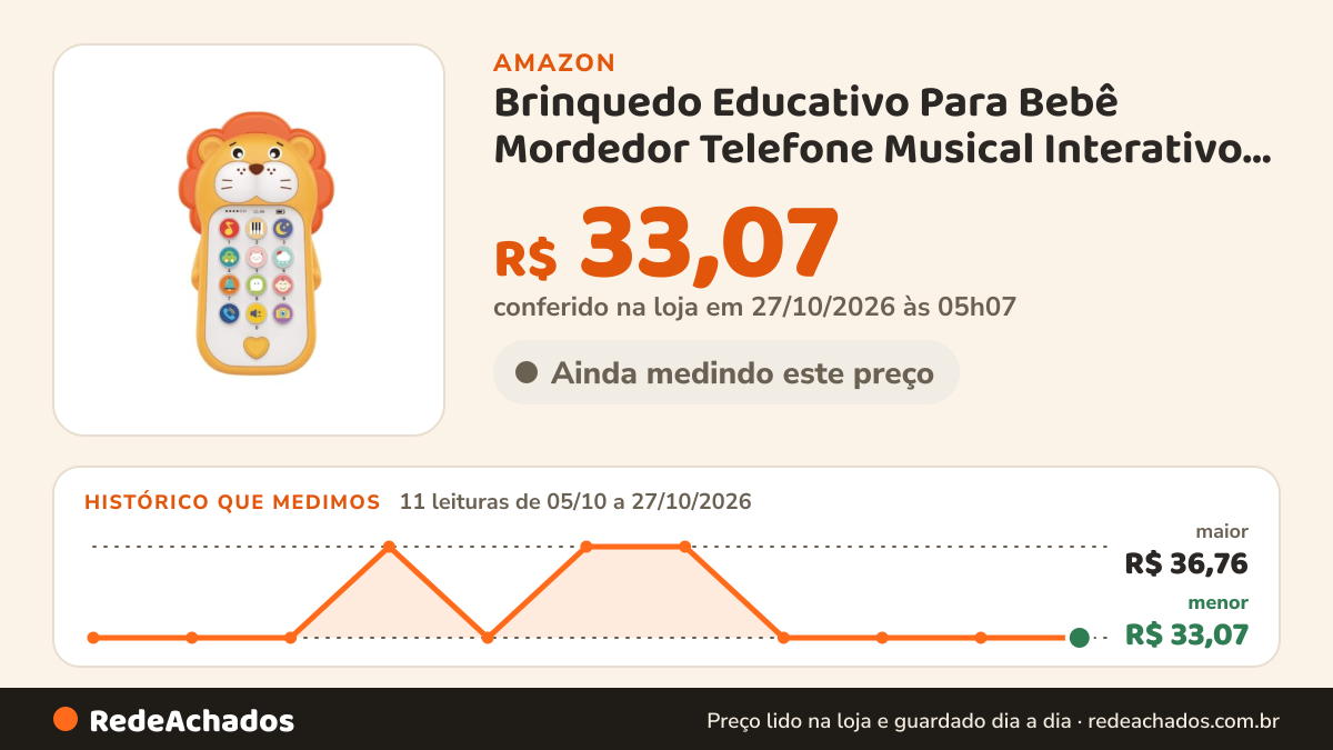 Histórico de preço de Brinquedo Educativo Para Bebê Mordedor Telefone Musical Interativo Com Luz Leão Maxi Baby na Amazon: 10 leituras de 05/10/2026 a 26/10/2026, menor R$ 33,07, maior R$ 36,76; R$ 33,07 conferido em 26/10/2026 às 09h57